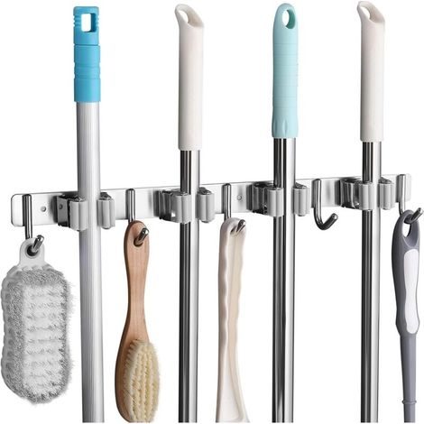 Porte Balai Mural En Acier Inoxydable – 4 Emplacements Pour Balais Et 5 Crochets – Installation Par Vis Ou Autocollante – Pour Cuisine, Salle De Bain, Garage