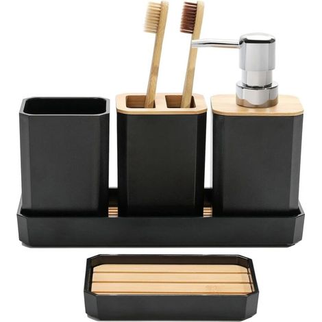 Ensemble D'Accessoires De Salle De Bain 5 Pièces – Distributeur De Savon En Bambou – Support Brosse À Dents – Décoration Moderne Noire