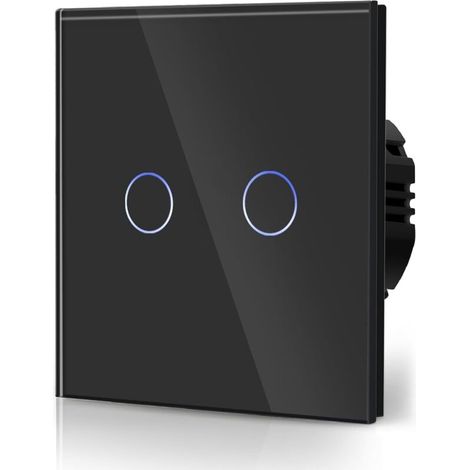 Interrupteur Tactile Normal Commutateur D'Éclairage Mural Compatible Avec La Lumière Led Écran Tactile En Verre 110v-240v Plaque De Cristal Trempé Avec Rétroéclairage Bouton 2 Gang 2 Voie Noir
