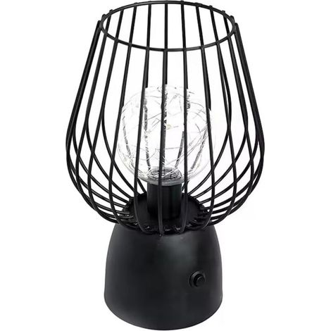Lampe De Table Industrielle,retro Lampe De Chevet De Cage En Métal Noir Alimentation Par Piles Avec Ampoule, Lampe De Table Sans Fil Pour Chambre, Salon [classe Énergétique E]