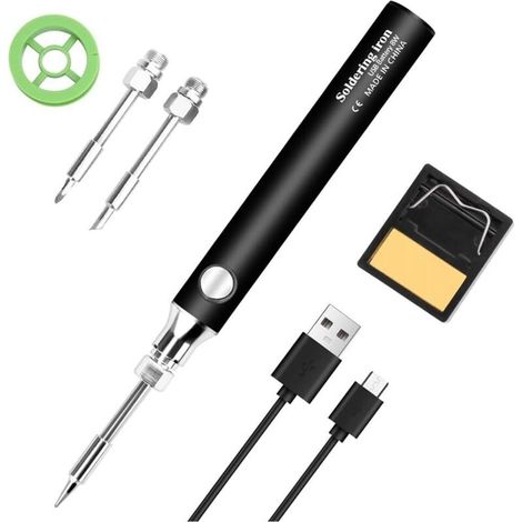 Kit Sans De Fer À Souder Noir En Métal, Rechargeable Via Usb, Avec 3 Embouts De Soudure Fer À Souder.