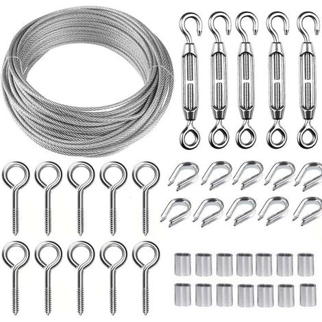 30m Stainless Steel Rope Hanging Kit, Wire Rope Kit, 2mm Coated Stainless Steel Rope, With M5 Rope Tensioner And Eye Hooks, For Climbing Plants, Raili