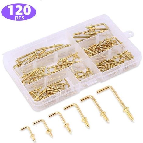 120 Pcs 6 Tailles Crochet A Visser En Métal Laiton Plaqué Or Carré Bend Crochets Kit, Doré Carré Bend Crochets Vis À Tôle Crochets Pour Home/lieu De Travail/bureau