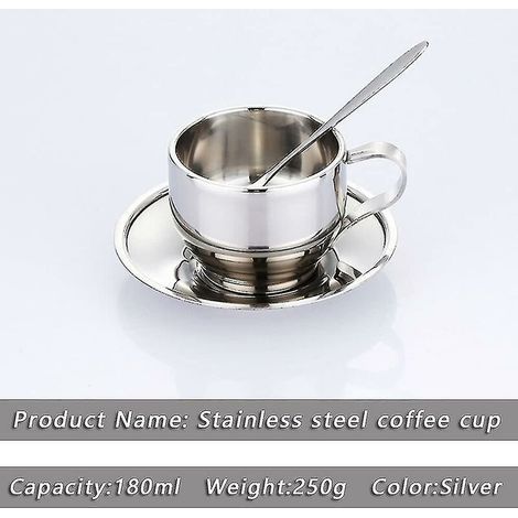 Coffee Cup Set Stainless Steel Double Walled Cappuccino Handle Mugs With Spoon And Saucer Shatterproof Ins Cafes Restaurant (silver) 1000 Pcs