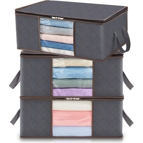 Sac De Rangement Pliable 35l – Dimensions 50x35x20cm – Tissu Non Tissé Avec Fenêtres Transparentes – Lot De 3 Pour Vêtements Et Jouets