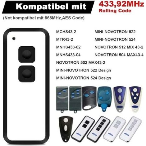 Nalookamic Novoferm Lot De 2 Émetteurs Portatifs 433,92 Mhz Pour Porte De Garage Novotron 522, 524, 502 Max43-2, 512 Mix 43-2, 2 Canaux