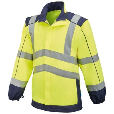 Warnjacke Jasper, Softshell warngelb/marine-blau, Größe L