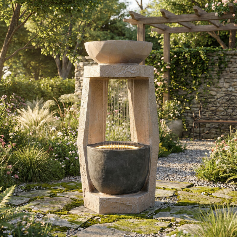Gartenbrunnen Mit Led-beleuchtung, Wasserpumpe, Außenverkleidung Aus Kunststein Und Zierbecken, Schlafzimmerbrunnen, Wasserspiel Für Garten Und Terrasse, Beige