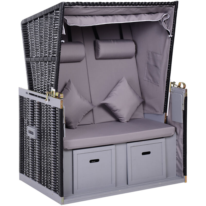 Outsunny Liegestuhl, Doppelliege Mit Sonnendach, Getränkehalter, Graues Pe-rattan, 118 X 79 X 50 Cm
