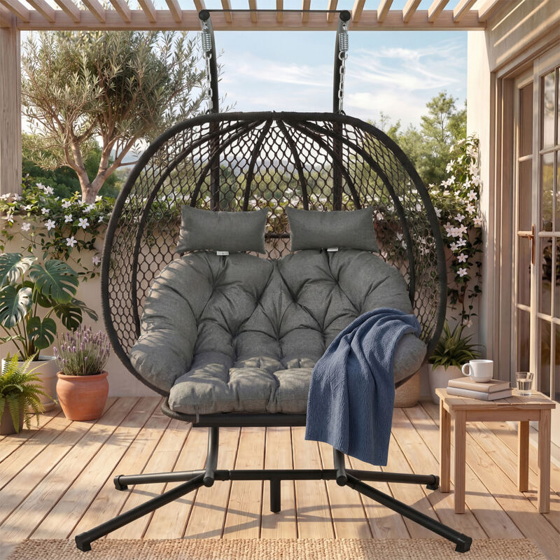 Eiförmiger Schaukelstuhl, Hängesessel Mit Gestell, Gartenhängesessel, Sitzkissen Und Kopfkissen, Fußstütze, Für Drinnen Und Draußen, Doppelschaukelstuhl