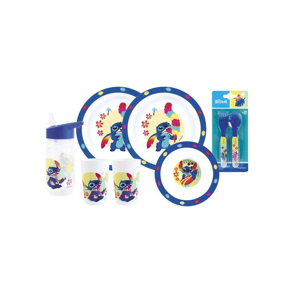 Lot Vaisselle - Fun House - Disney Lilo Et Stitch - 2 Verres, 2 Assiettes Plates Ø22 Cm, Assiette Creuse Ø16cm, Couverts, Gour