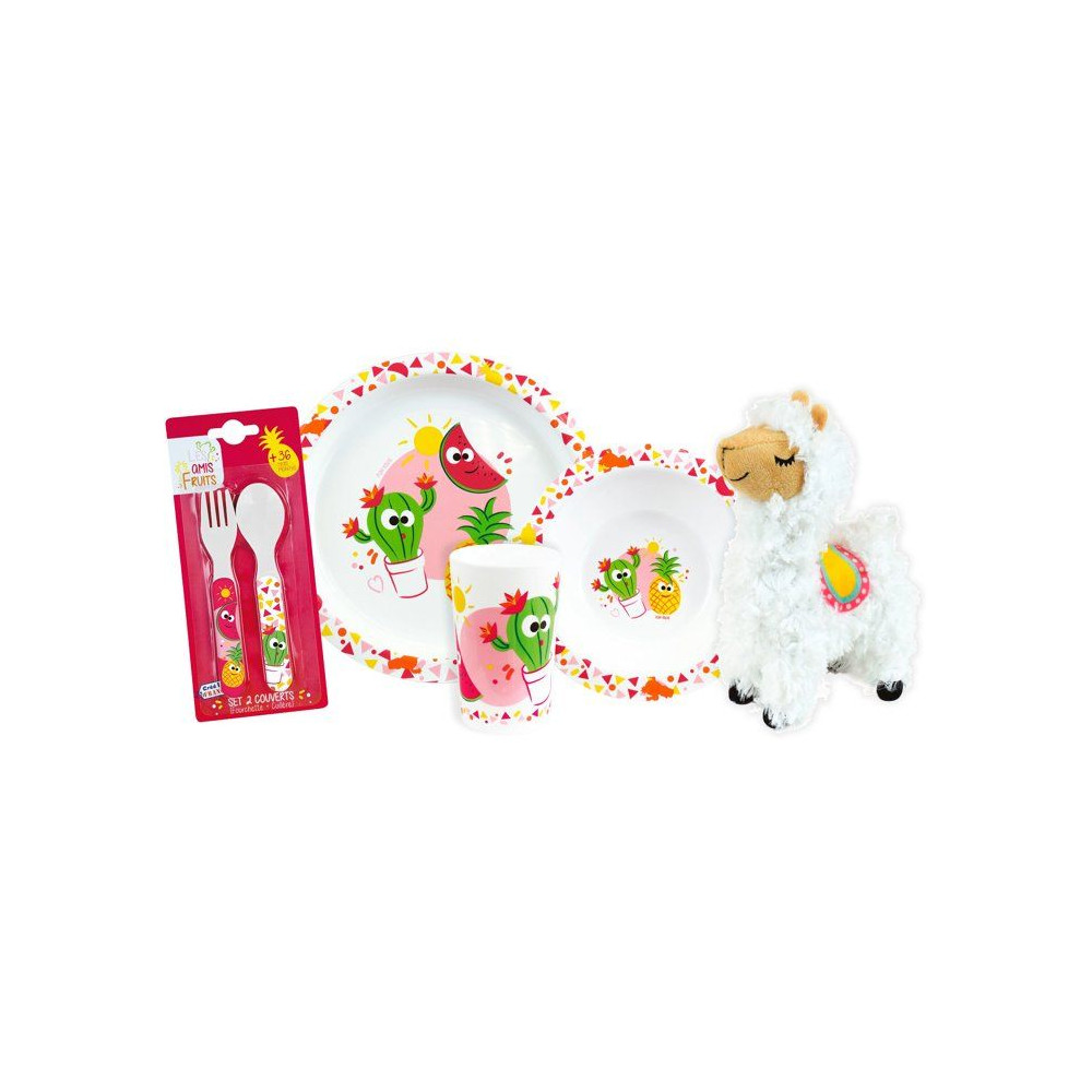 Lot Vaisselle - Fun House - Les Amis Fruits - Verre, Assiette Creuse Ø16 Cm, Assiette Plate Ø22 Cm, Couverts, Peluche 27 Cm