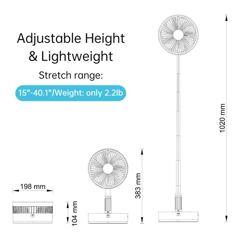 Tragbarer, Faltbarer Und Oszillierender Standventilator Mit Teleskopauszug, 4 Geschwindigkeitsstufen, Timer, 180°-drehrichtungsumkehr, 7200-mah-akku, Usb-c-ladeanschluss, Fernbedienung Und Standfuß