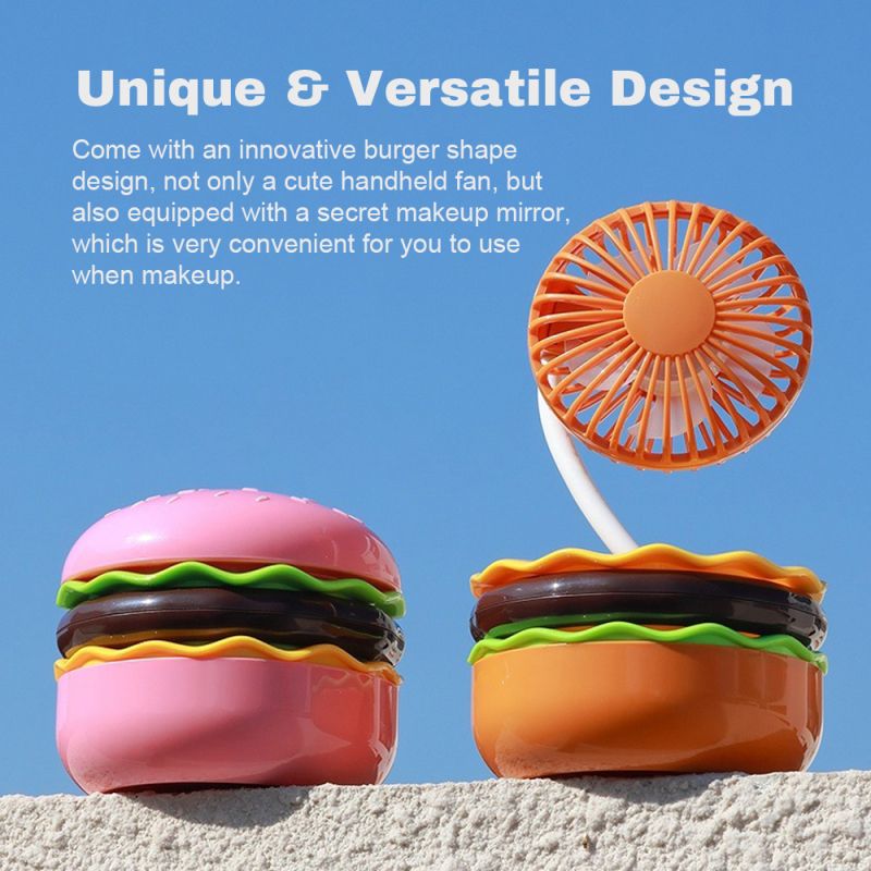 Kleiner, Niedlicher, Hamburgerförmiger Ventilator Mit Integriertem Kosmetikspiegel, Usb-aufladbar, Drehbar, Ideal Für Büro, Zuhause, Studentenwohnheim Und Reisen.