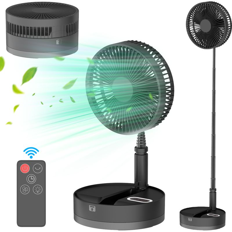 Faltbarer 9-zoll-ventilator (180°-drehung, 90°-oszillation, Usb-c-ladeanschluss, 1-4-stunden-timer, 3+1 Geschwindigkeitsstufen, 5-m-fernbedienung, Led-nachtlicht), Schwarz