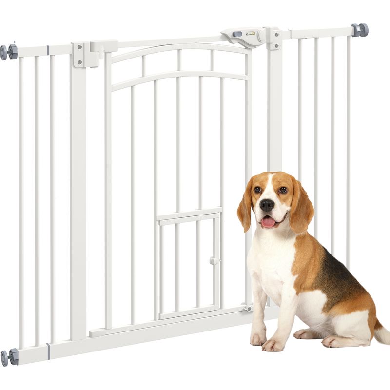 Treppenschutzgitter Für Hunde Mit Klemmbefestigung, Integrierter Haustiertür, Automatischer Schließung Und Doppelter Verriegelung, Für Öffnungen Von 74 Bis 100 Cm – Weiß