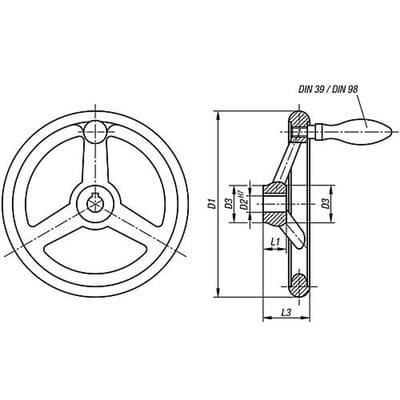 HANDRAD DIN950, D1=500 PASSBOHRUNG MIT NUT D2=40H7, B3=12, T=43,3, ALUMINIUM, KOMP:ALUMINIUM, BALLENGRIFF FESTSTEHEND