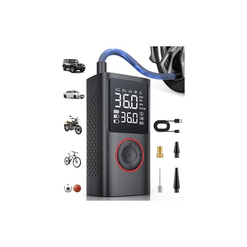 Tragbarer Luftkompressor – 150 Psi – Für Auto-, Motorrad- Und Fahrradreifen Sowie Bälle – Digitalanzeige – Integrierte Led-leuchte – Wiederaufladbarer 4000-mah-akku – Schwarz