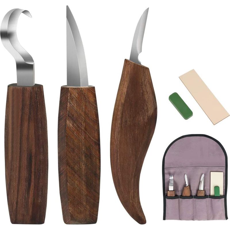 Holzschnitzwerkzeug-set – Schnitzmeißel – Schnitzmesser – Schnitzhaken – Anspitzer – Schnittfeste Handschuhe – 6-teilig