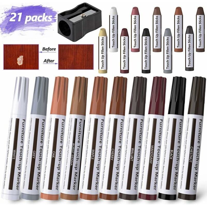 Möbelreparaturset – 10 Marker + 10 Wachsstifte + Anspitzer – 10-farben-holzpalette – Für Kratzer Und Schrammen – 21 Teile
