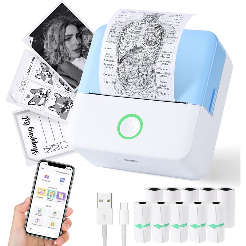 Tragbarer Thermodrucker – 2 Zoll – Bluetooth – 1200-mah-akku – 200 Dpi Auflösung – Kompatibel Mit Ios Und Android – 10 Papierrollen – 1 Stück