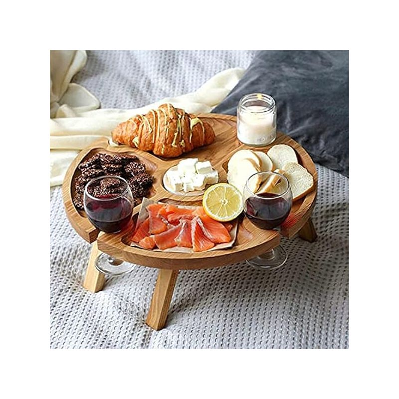 Klappbarer Picknicktisch Aus Holz – Integrierter Weinglashalter – Unterteilte Ablage Für Käse Und Obst – Für Den Außenbereich – 1 Stück