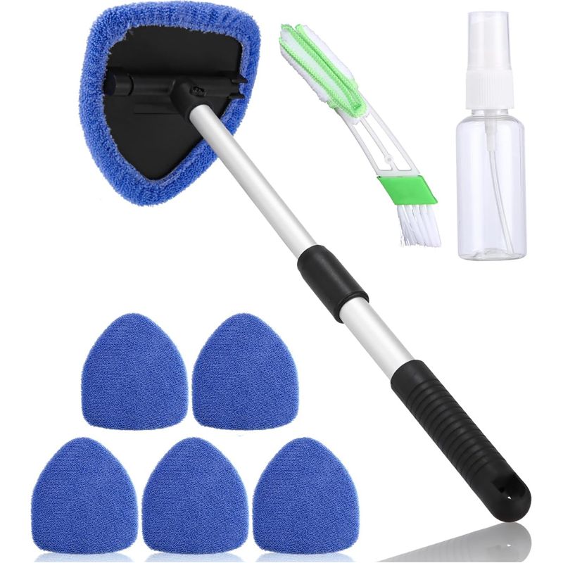 Scheibenabzieher – Autofensterreiniger – 180° Drehbarer Kopf – Teleskopstiel (25,5 Bis 42 Cm) – Für Pkw, Lkw Und Wohnwagen – 6 Mikrofaserpads + 30 Ml Sprühflasche