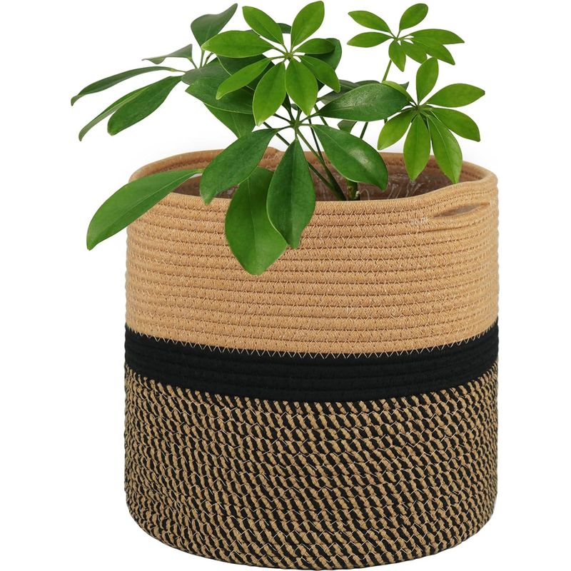 Blumenkorb – 30 Cm Durchmesser X 30 Cm Höhe – Integrierte, Auslaufsichere Auskleidung – Naturbaumwolle – Schwarz Und Braun – 1 Stück
