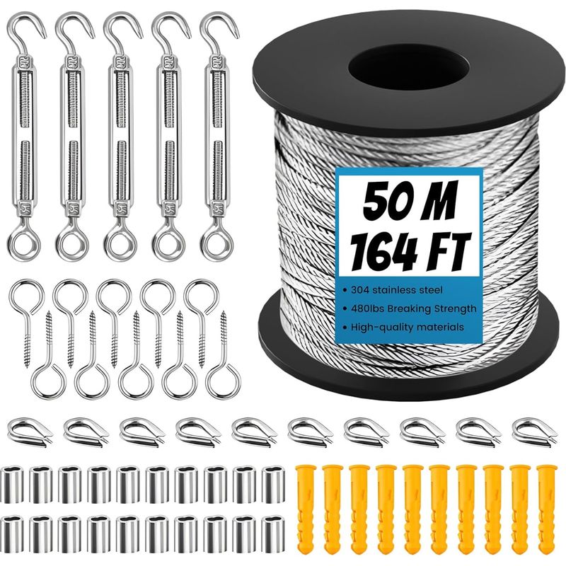 Edelstahlseil – Gartenaufhängungsset – 2 Mm Pvc-ummantelter Draht – M5-spannschlösser, Haken, Ösen, Schlaufen – Für Kletterpflanzen Im Freien – 50 M