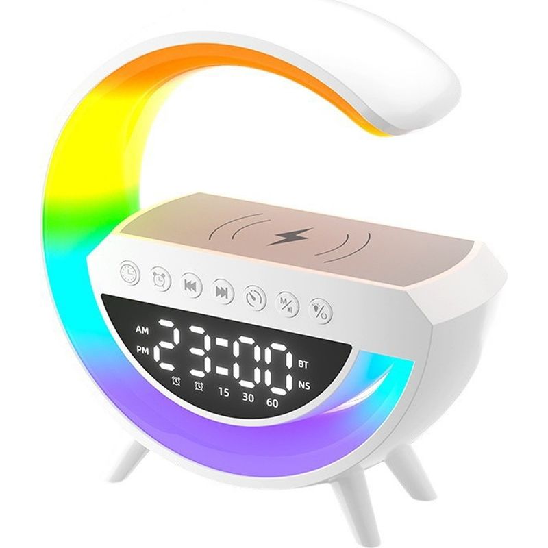 Led-nachttischlampe – 15-w-kabelloses Ladegerät – Bluetooth-lautsprecher – Nachtlicht Mit Einstellbarer Helligkeit – Led-wecker – 13 Umgebungsfarben – 1 Stück