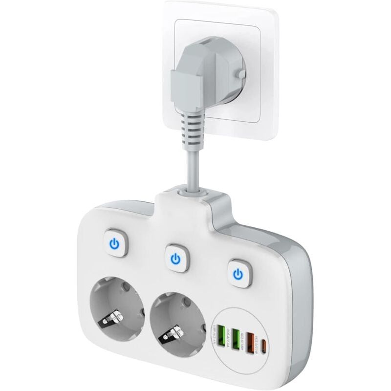 Wandsteckdosenleiste – 2 Steckdosen – 4 Usb-anschlüsse (2x Usb-a Qc3.0 + 1x Usb-a + 1x Usb-c) – Überspannungsschutz – Kindersicherung – 360° Flexibles Kabel – 1 Stück
