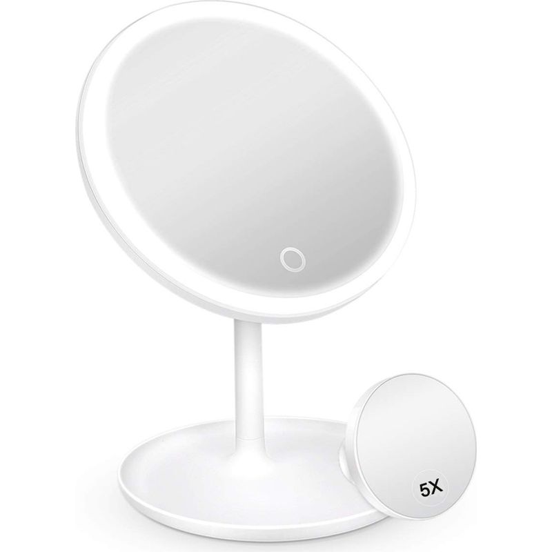 Led-schminkspiegel – 3 Beleuchtungsmodi – Abnehmbare 5-fache Vergrößerung – 90° Drehbar – Ablagefach – Usb-aufladbar – 1 Stück