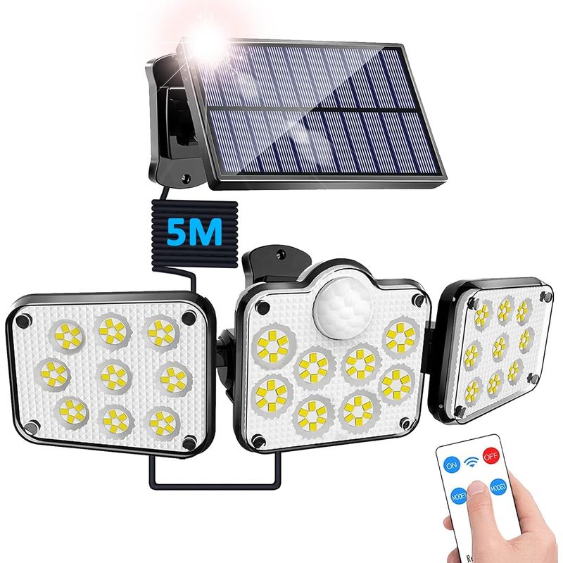 Solar-flutlicht Für Den Außenbereich – 3 Verstellbare Leuchtenköpfe – Pir-bewegungsmelder – Abnehmbares Solarpanel – 138 Leds – Schutzart Ip65 – Für Garten, Eingangsbereich, Garage – 1 Stück
