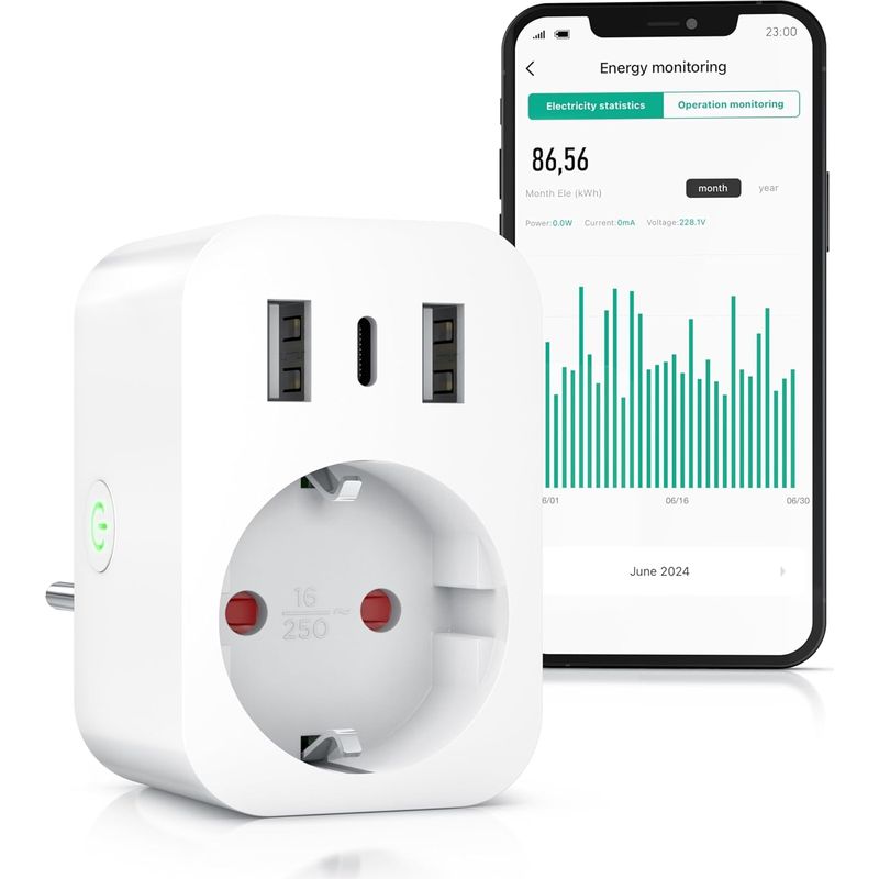 Intelligente Wlan-steckdose – Energieverbrauchsüberwachung – Steuerung Per Smart-life-app – Kompatibel Mit Alexa Und Google Assistant – 3 Usb-anschlüsse (2x Usb A + 1x Usb C) – 1 Stück