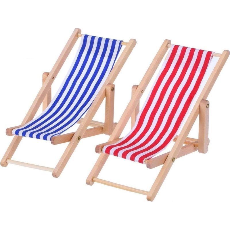 Mini-strandstuhl – Klappbarer Holz-liegestuhl – Puppenhaus-accessoire Im Maßstab 1:12 – Sitzfläche Aus Blau-weiß Gestreiftem Stoff – 11 X 6,6 Cm – 2er-pack