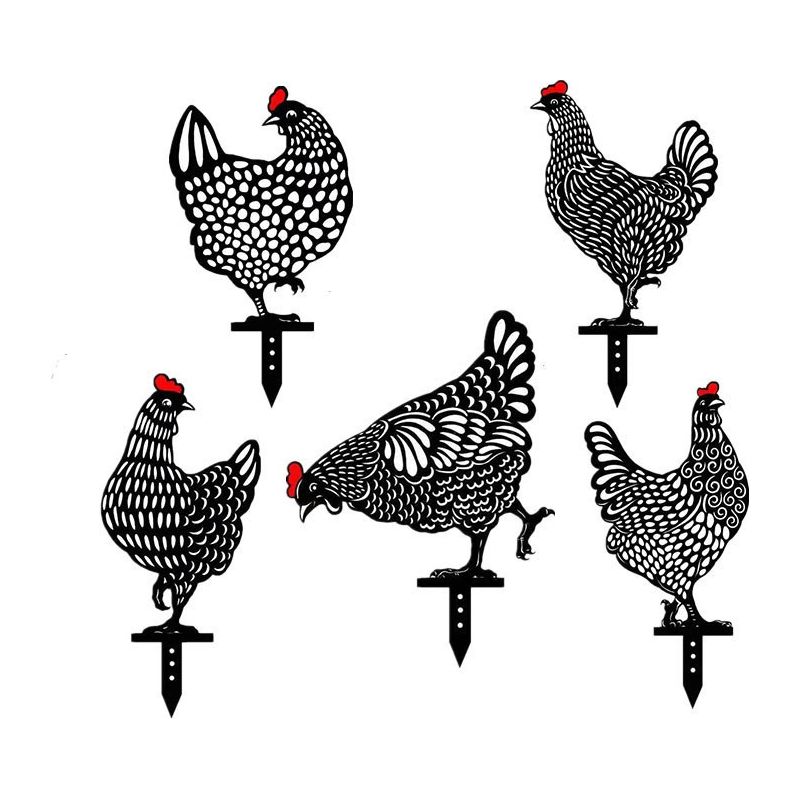 Hühner-pfahl – Gartendekoration Aus Pulverbeschichtetem Eisen – Realistische Silhouette Mit Feder- Und Schnabeldetails – 5er-set