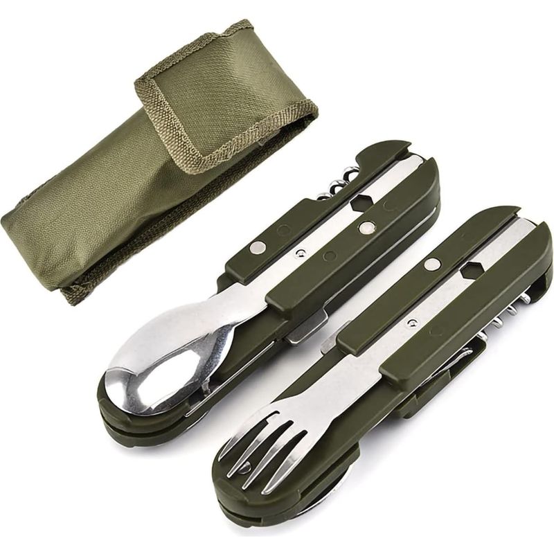 Klappbares Edelstahl-besteckset – 5-in-1-set Mit Gabel, Löffel, Messer, Dosenöffner Und Flaschenöffner – Ideal Für Camping, Wandern Und Picknicks – 1-teilig
