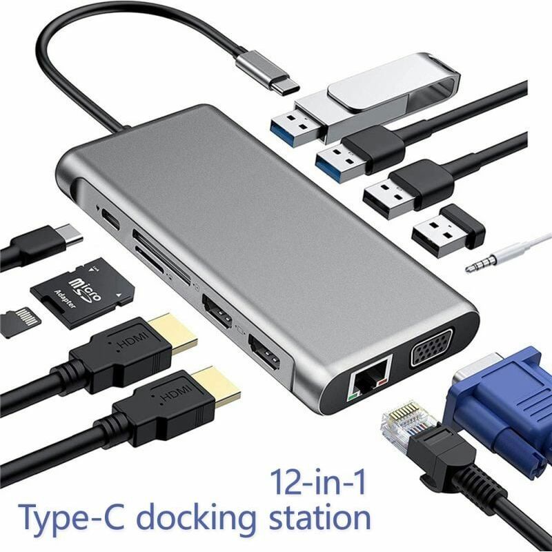 12-in-1 Usb-c-hub – 2 Hdmi 4k-ausgänge – Vga – Rj45-ethernet – Sd/tf-kartenleser – 4 Usb-anschlüsse – Pd-stromversorgung – Für Laptops