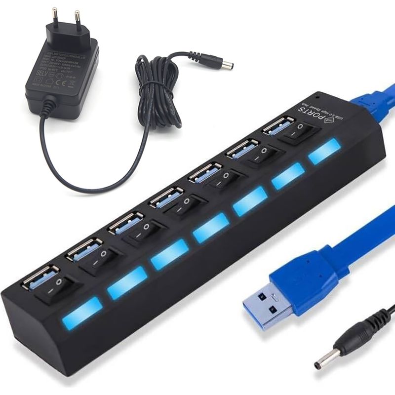 Usb-hub – 7 Usb 3.0-anschlüsse – Mit Externem Netzteil Und Individuellen Led-schaltern – Für Laptop, Pc, Macbook – 1 Stück