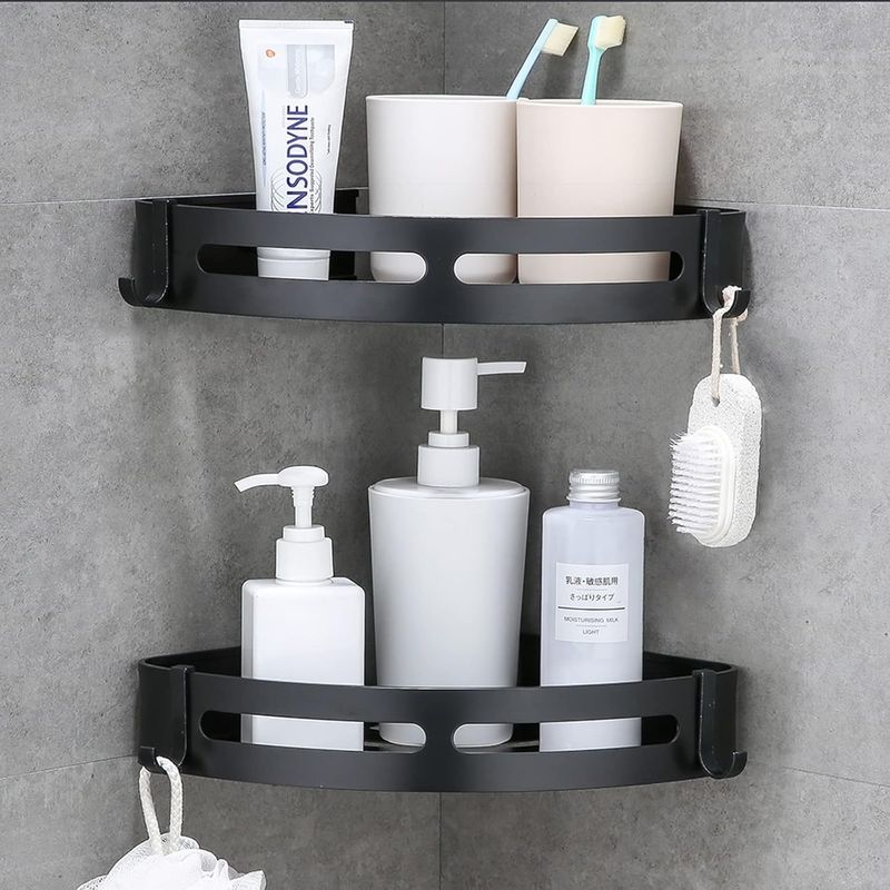 Eckregal Fürs Badezimmer – Shampoo-halter Aus Aluminium (bohrfrei) – Mit Abnehmbaren Haken – Schwarz