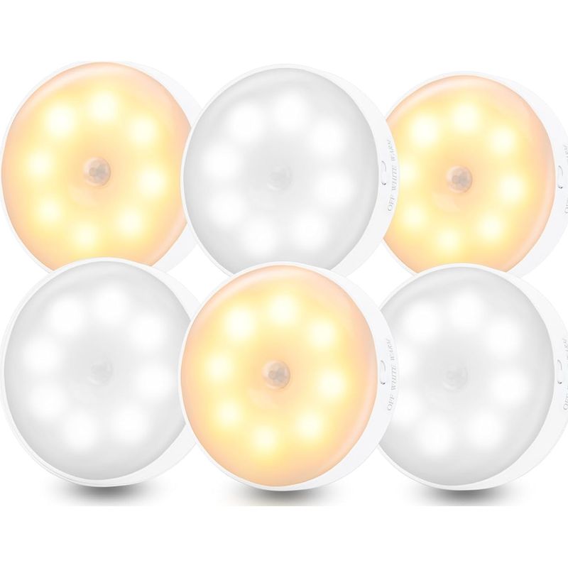 Bewegungsmelder-leuchte – 6 Wiederaufladbare Leds – 3 Beleuchtungsmodi (kaltweiß/warmweiß/zweifarbig) – Für Treppenhaus, Flur, Schlafzimmer, Kleiderschrank, Küche – 6er-pack