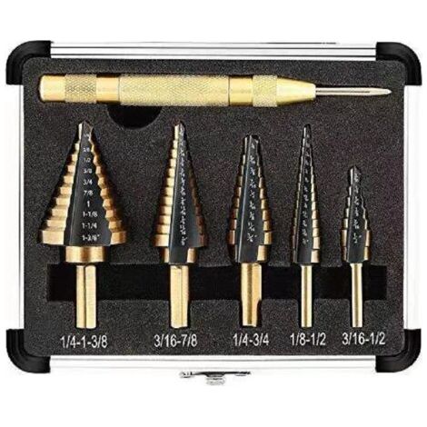 Bunthaus Stufenbohrer-set, 5-teilig, 1 Automatischer Körner + 1 Spiralbohrer, Titanbeschichteter, Doppelseitig Geschlitzter Kegelbohrer Mit Koffer
