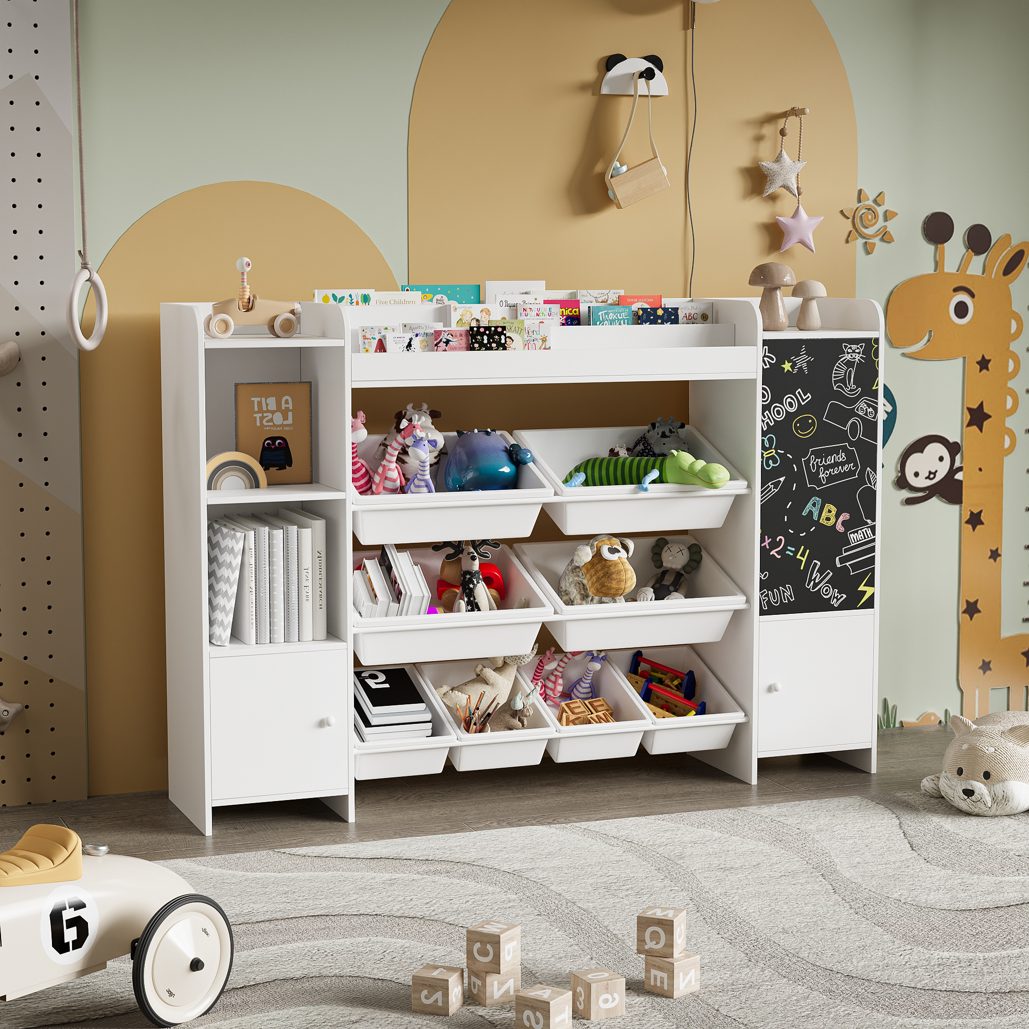 Kinderzimmer-regal Mit Maltafel, 8 Boxen, 3 Türen Und 3 Spielzeugfächern, Weiß