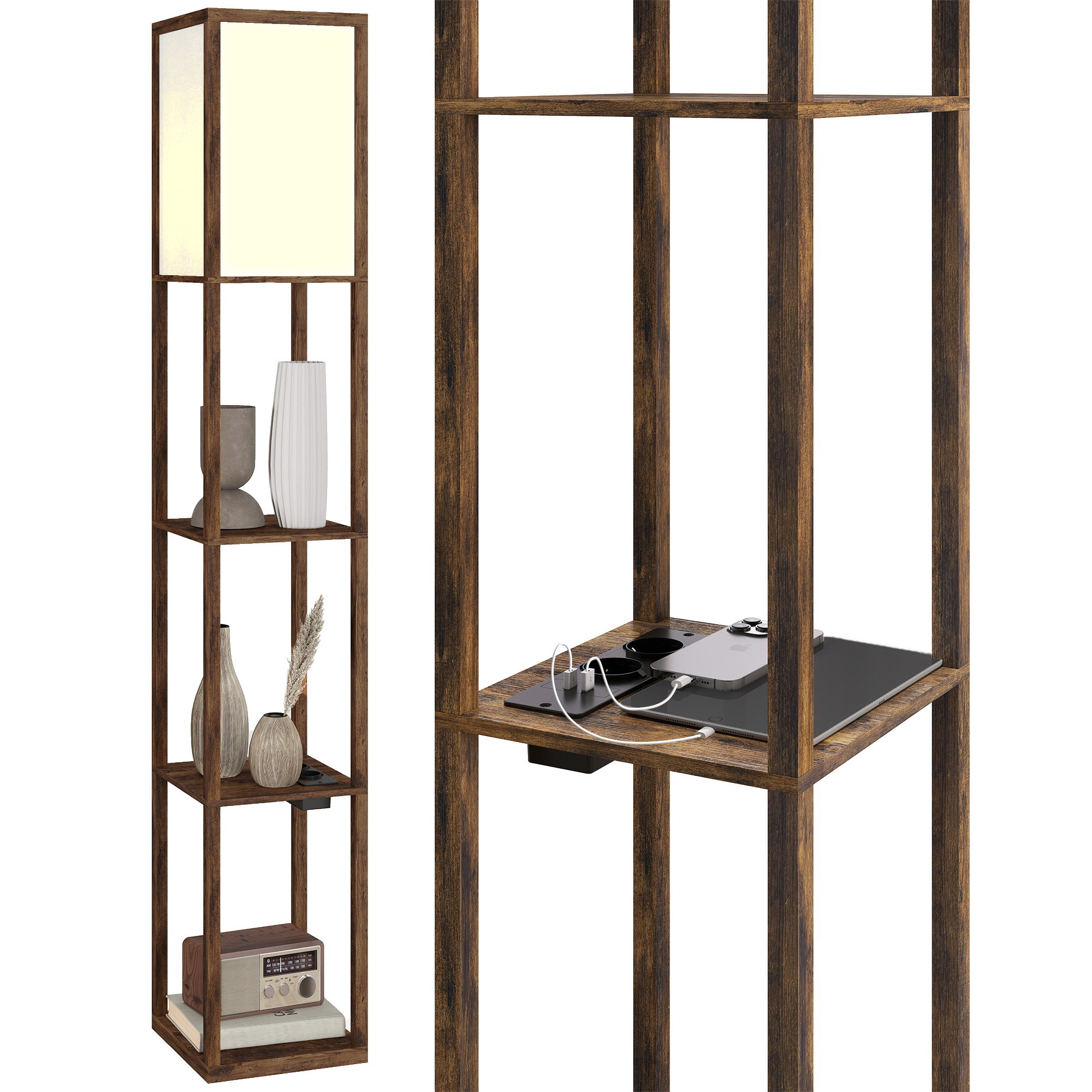 Stehlampe Mit Ablagen, Dimmbarem Licht, Fußschalter Und Usb-anschlüssen, Braun