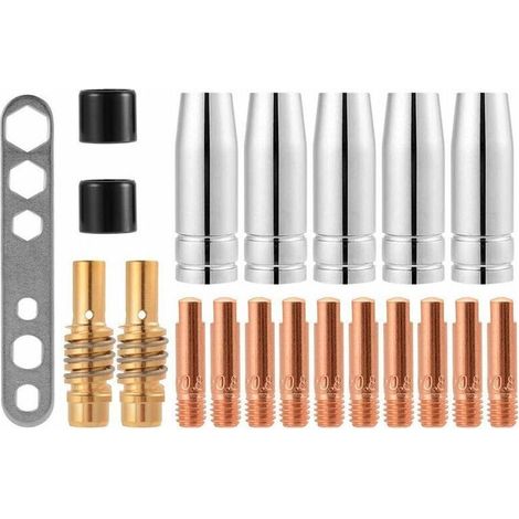 Lot De 20 Embouts De Contact Pour Buse De Soudage Mig/mag 15ak M6 0,8 X 25 Mm (10 X Contact, 5 X Buse, 2 X Connecteur, 2 X Isolant, 1 X Outil).