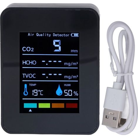 Détecteur De Dioxyde De Carbone Co2 Noir Lcd Tvoc Hcho, Moniteur De Température Et D'Humidité De La Qualité De L'Air
