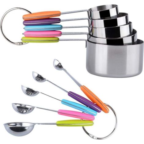 Tasses Et Cuillères Mesurer - Ensemble De 10 Pièces En Acier Inoxydable Avec Poignée En Silicone (5 Cuillères Doseuses + 5 Tasses À Mesurer)