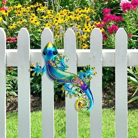 1 Pièces 38.5 Cm Décorations Murales Gecko En Métal Avec Tête Tremblante Lézard En Métal Décoration De Jardin Pour Intérieur & Extérieur Salon Chambre Cour Clôture Jardin (bleu)