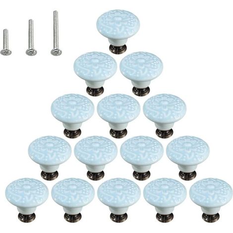 Lot De 15 Poignées De Commode En Céramique Brillante Style Champignon Avec 3 Vis De Montage, Bleu Ciel