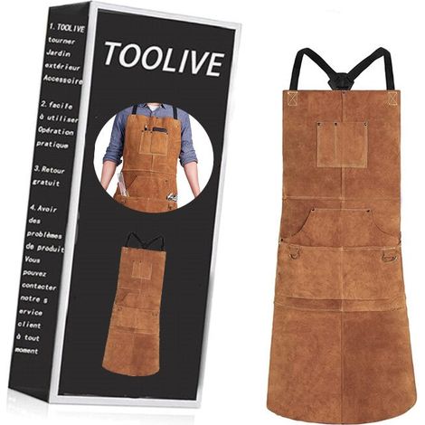 Tablier De Protection En Cuir Anti-chaleur – 6 Poches – Résistant À L'Abrasion Et Aux Flammes – Taille Réglable M À Xxxl – Pour Soudeur Et Menuisier